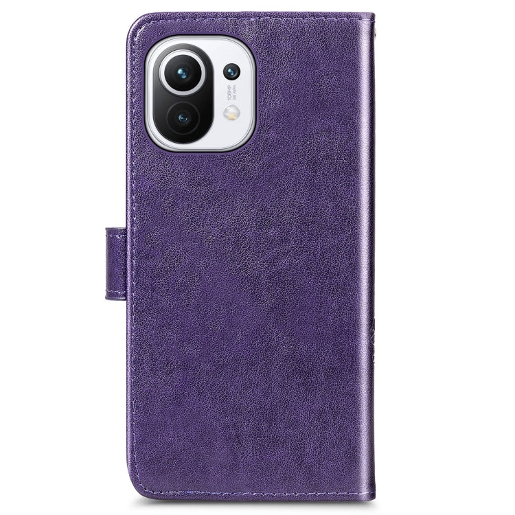 For Xiaomi Mi 11 Four-leaf Clasp Embossed Buckle Mobile Phone Protection Leather Case with Lanyard & Card Slot & Wallet & Bracket Function