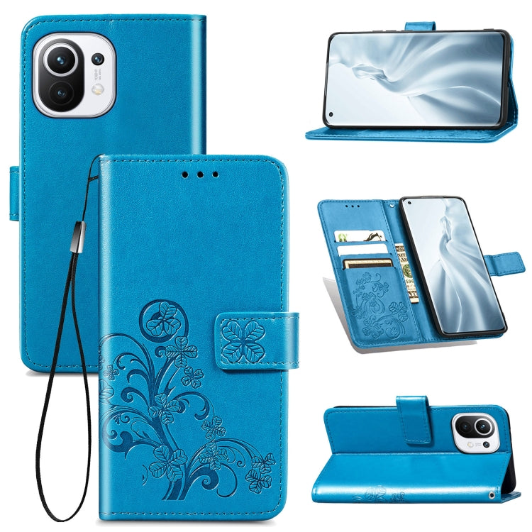 For Xiaomi Mi 11 Four-leaf Clasp Embossed Buckle Mobile Phone Protection Leather Case with Lanyard & Card Slot & Wallet & Bracket Function