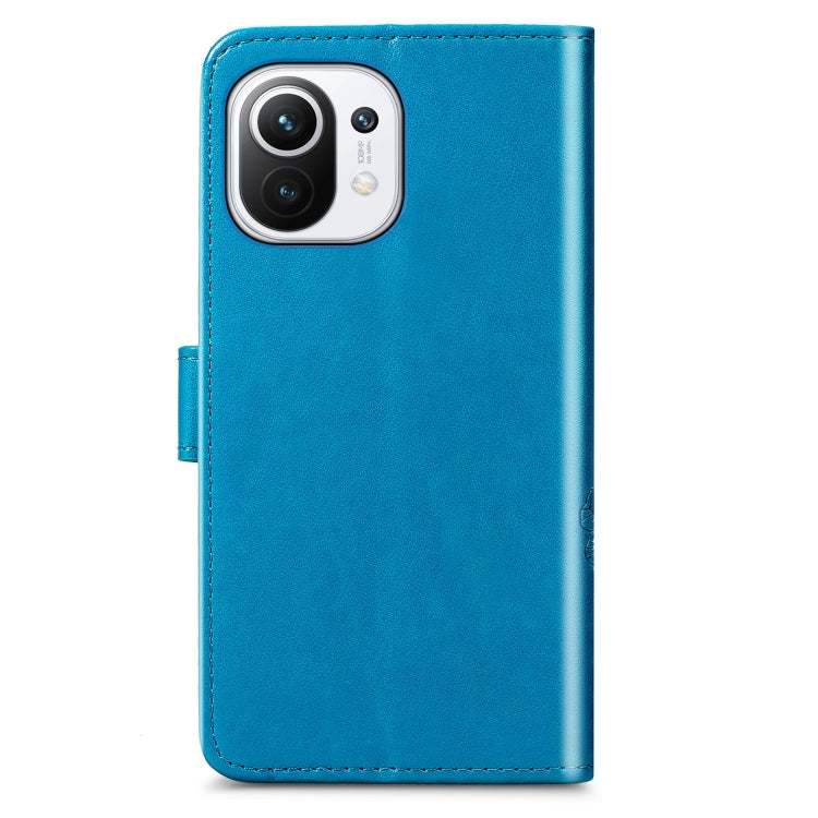 For Xiaomi Mi 11 Four-leaf Clasp Embossed Buckle Mobile Phone Protection Leather Case with Lanyard & Card Slot & Wallet & Bracket Function