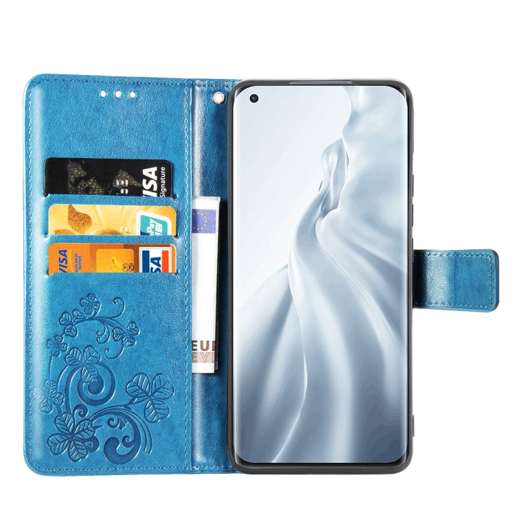 For Xiaomi Mi 11 Four-leaf Clasp Embossed Buckle Mobile Phone Protection Leather Case with Lanyard & Card Slot & Wallet & Bracket Function