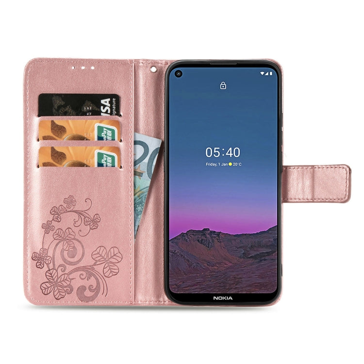 For Nokia 5.4 Four-leaf Clasp Embossed Buckle Mobile Phone Protection Leather Case with Lanyard & Card Slot & Wallet & Bracket Function