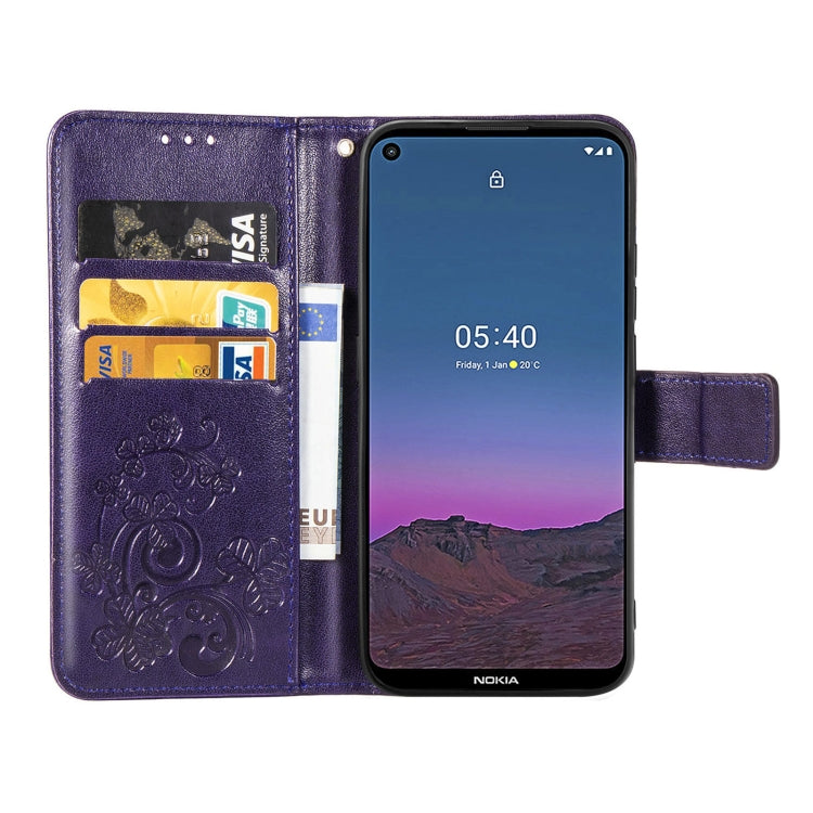 For Nokia 5.4 Four-leaf Clasp Embossed Buckle Mobile Phone Protection Leather Case with Lanyard & Card Slot & Wallet & Bracket Function