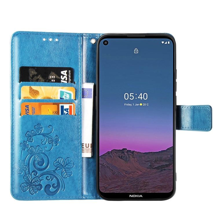 For Nokia 5.4 Four-leaf Clasp Embossed Buckle Mobile Phone Protection Leather Case with Lanyard & Card Slot & Wallet & Bracket Function