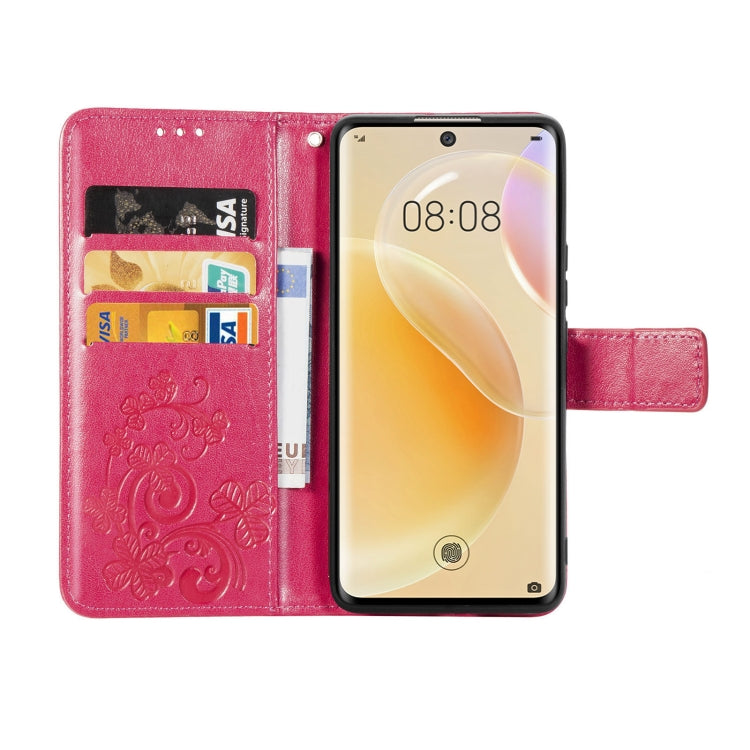 For Huawei  Nova 8  Four-leaf Clasp Embossed Buckle Mobile Phone Protection Leather Case with Lanyard & Card Slot & Wallet & Bracket Function