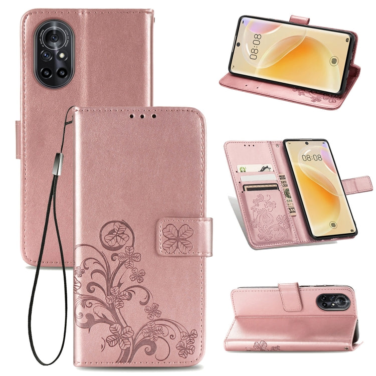 For Huawei  Nova 8  Four-leaf Clasp Embossed Buckle Mobile Phone Protection Leather Case with Lanyard & Card Slot & Wallet & Bracket Function