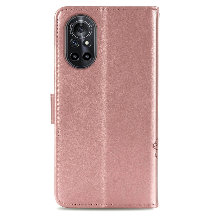 For Huawei  Nova 8  Four-leaf Clasp Embossed Buckle Mobile Phone Protection Leather Case with Lanyard & Card Slot & Wallet & Bracket Function