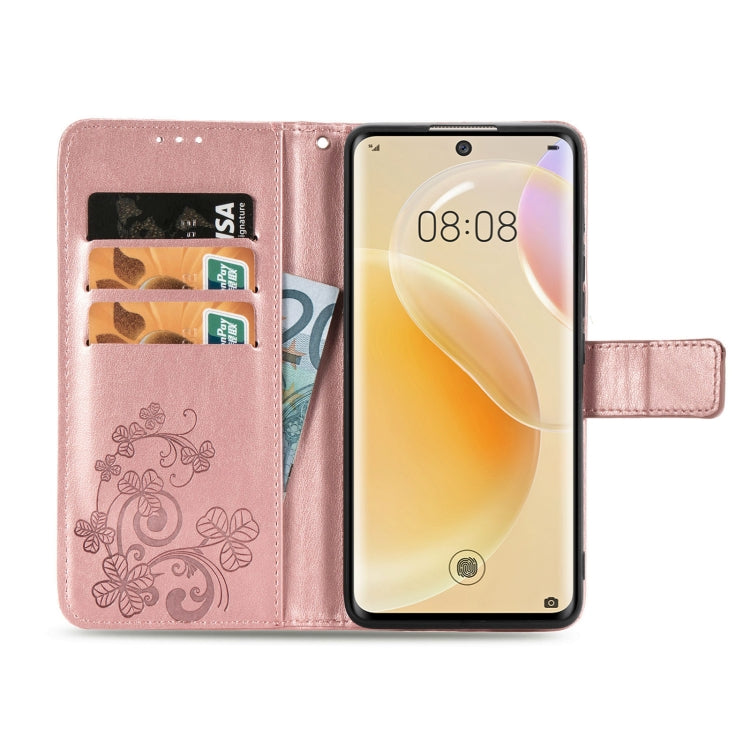 For Huawei  Nova 8  Four-leaf Clasp Embossed Buckle Mobile Phone Protection Leather Case with Lanyard & Card Slot & Wallet & Bracket Function