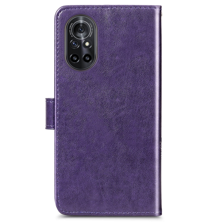 For Huawei  Nova 8  Four-leaf Clasp Embossed Buckle Mobile Phone Protection Leather Case with Lanyard & Card Slot & Wallet & Bracket Function