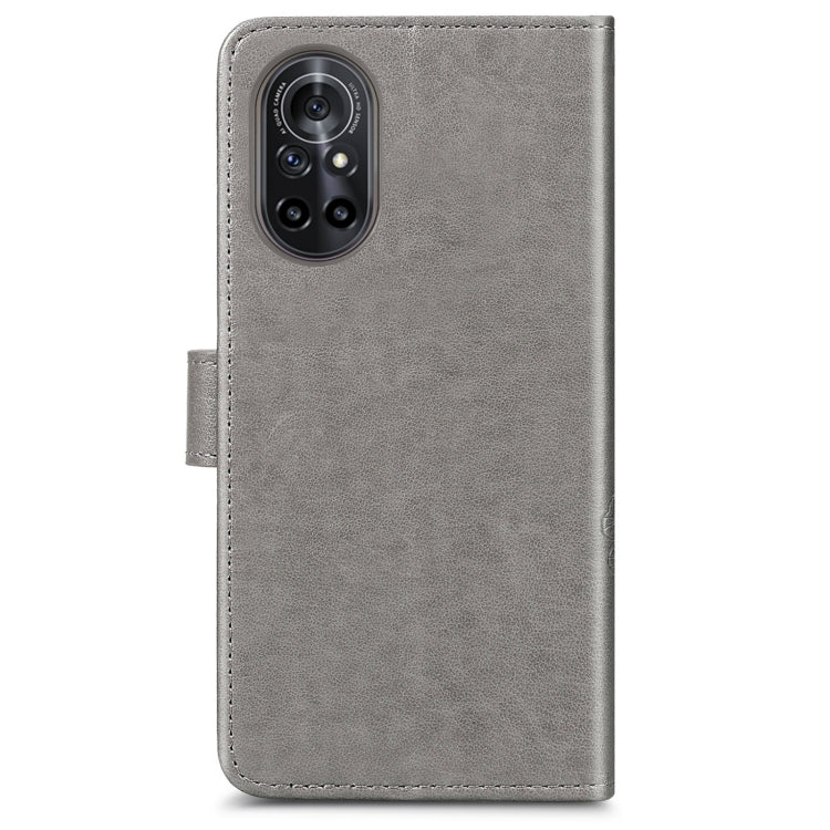 For Huawei  Nova 8  Four-leaf Clasp Embossed Buckle Mobile Phone Protection Leather Case with Lanyard & Card Slot & Wallet & Bracket Function