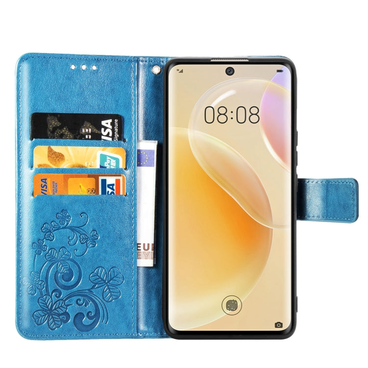 For Huawei  Nova 8  Four-leaf Clasp Embossed Buckle Mobile Phone Protection Leather Case with Lanyard & Card Slot & Wallet & Bracket Function