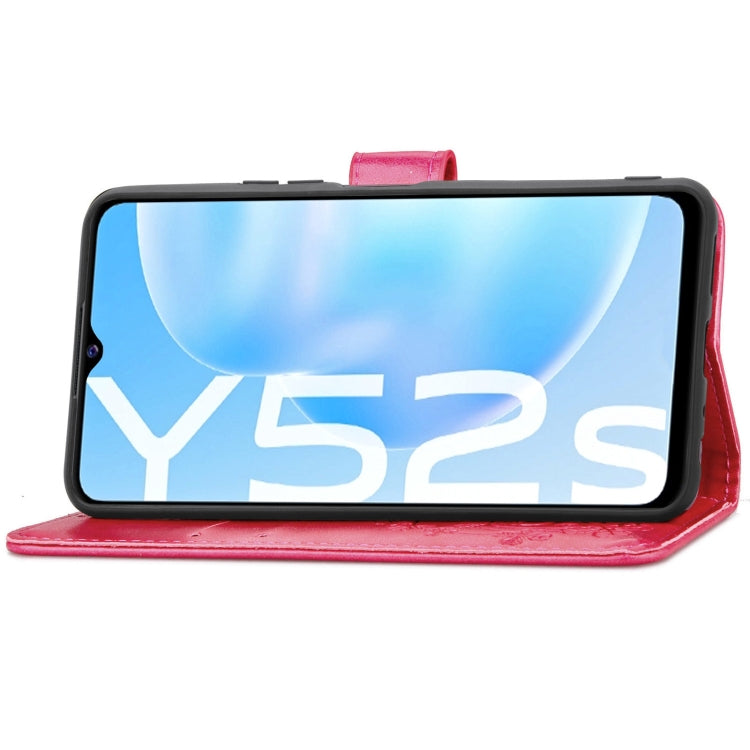 For vivo Y52s Four-leaf Clasp Embossed Buckle Mobile Phone Protection Leather Case with Lanyard & Card Slot & Wallet & Bracket Function