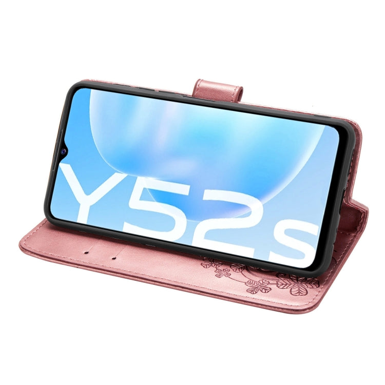 For vivo Y52s Four-leaf Clasp Embossed Buckle Mobile Phone Protection Leather Case with Lanyard & Card Slot & Wallet & Bracket Function