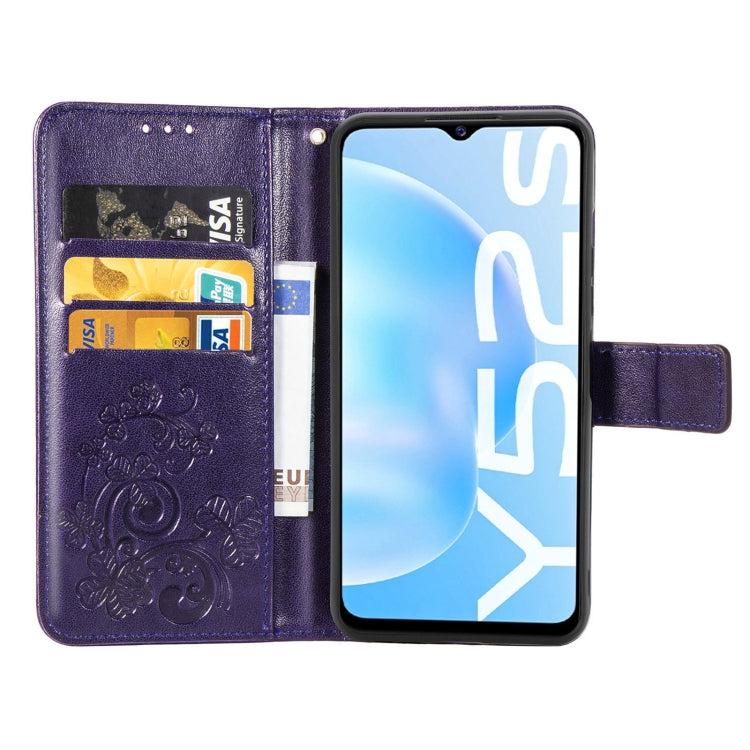 For vivo Y52s Four-leaf Clasp Embossed Buckle Mobile Phone Protection Leather Case with Lanyard & Card Slot & Wallet & Bracket Function