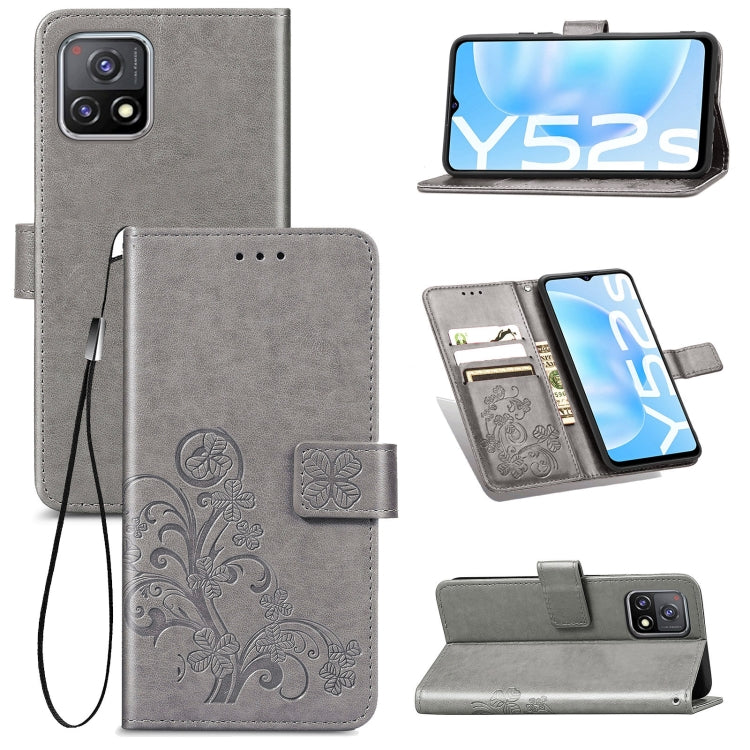 For vivo Y52s Four-leaf Clasp Embossed Buckle Mobile Phone Protection Leather Case with Lanyard & Card Slot & Wallet & Bracket Function