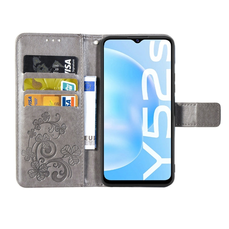 For vivo Y52s Four-leaf Clasp Embossed Buckle Mobile Phone Protection Leather Case with Lanyard & Card Slot & Wallet & Bracket Function