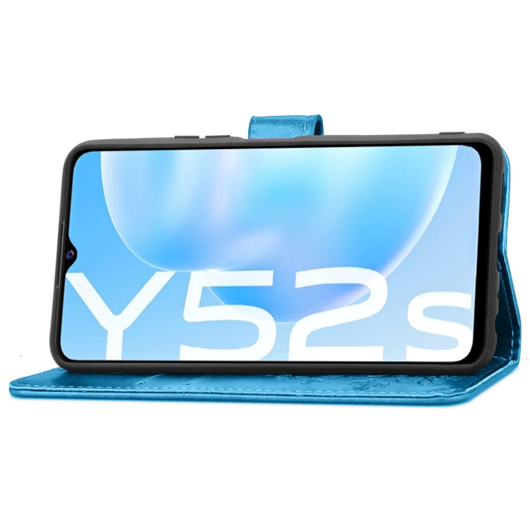 For vivo Y52s Four-leaf Clasp Embossed Buckle Mobile Phone Protection Leather Case with Lanyard & Card Slot & Wallet & Bracket Function