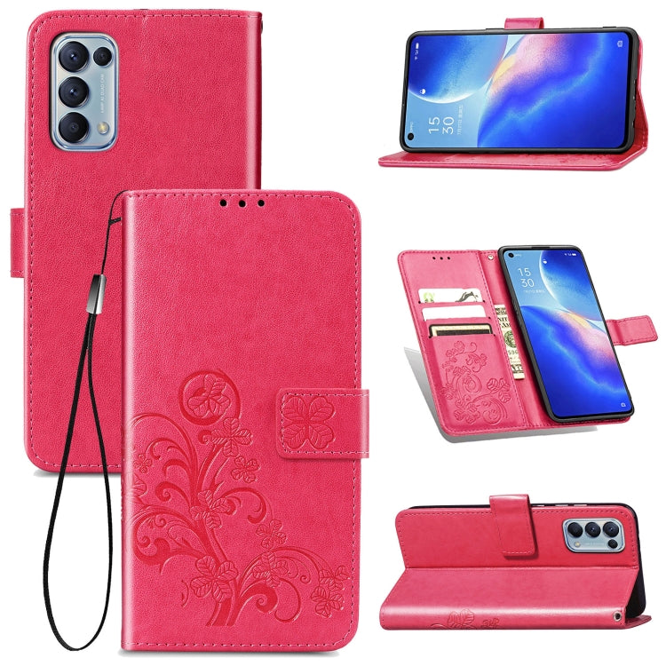 For OPPO Reno5 5G Four-leaf Clasp Embossed Buckle Leather Phone Case with Lanyard & Card Slot & Wallet & Holder
