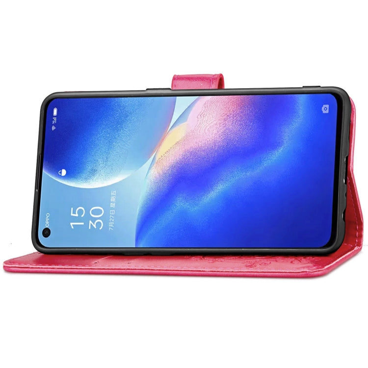 For OPPO Reno5 5G Four-leaf Clasp Embossed Buckle Leather Phone Case with Lanyard & Card Slot & Wallet & Holder