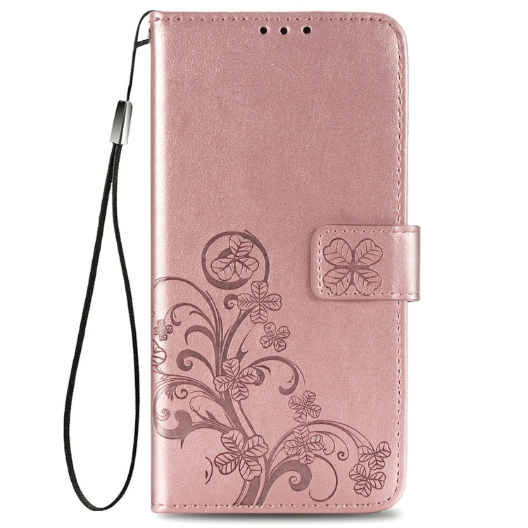 For OPPO Reno5 5G Four-leaf Clasp Embossed Buckle Leather Phone Case with Lanyard & Card Slot & Wallet & Holder
