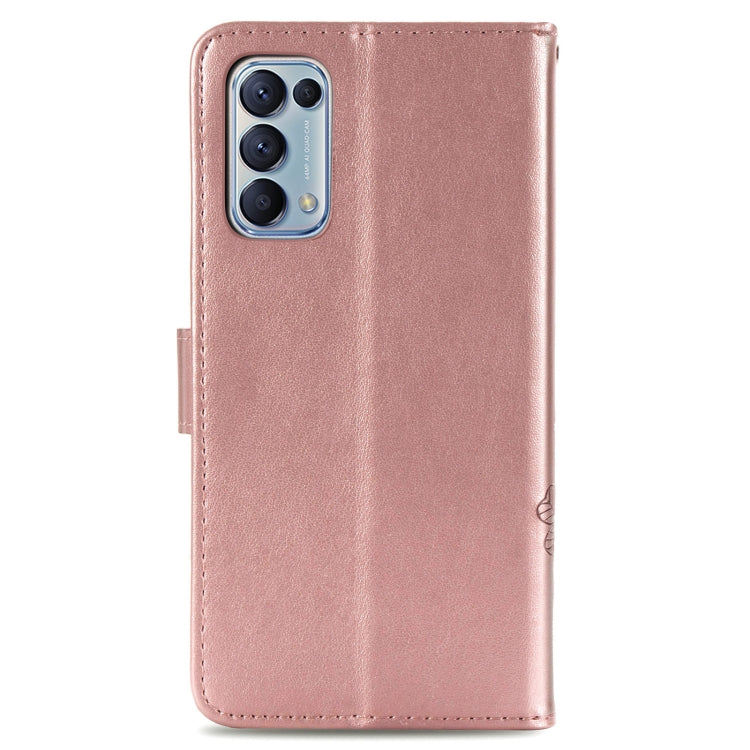 For OPPO Reno5 5G Four-leaf Clasp Embossed Buckle Leather Phone Case with Lanyard & Card Slot & Wallet & Holder