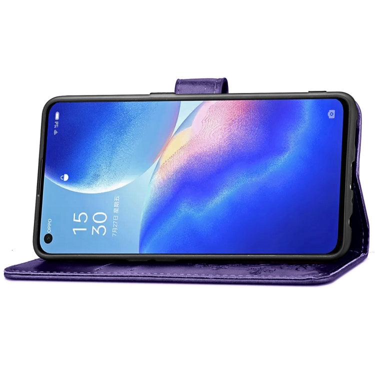 For OPPO Reno5 5G Four-leaf Clasp Embossed Buckle Leather Phone Case with Lanyard & Card Slot & Wallet & Holder