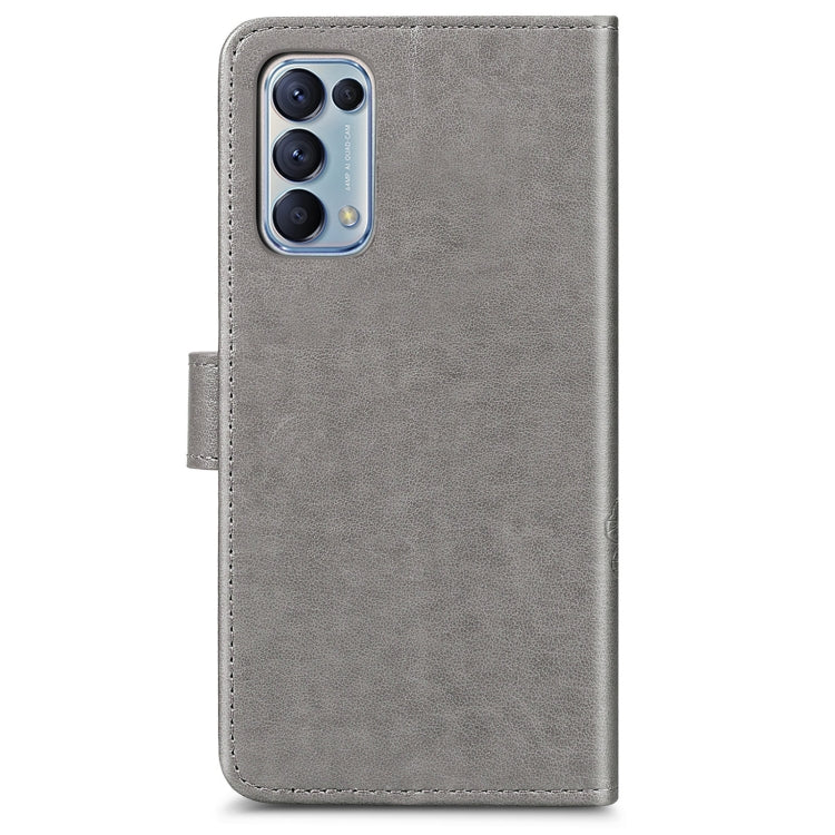 For OPPO Reno5 5G Four-leaf Clasp Embossed Buckle Leather Phone Case with Lanyard & Card Slot & Wallet & Holder