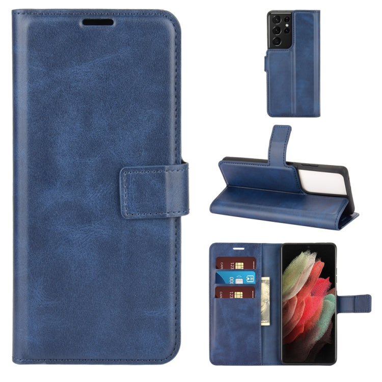 Retro Calf Pattern Buckle Card Wallet Left and Right Flip Phone Holster with Bracket Function For Galaxy S21 Ultra