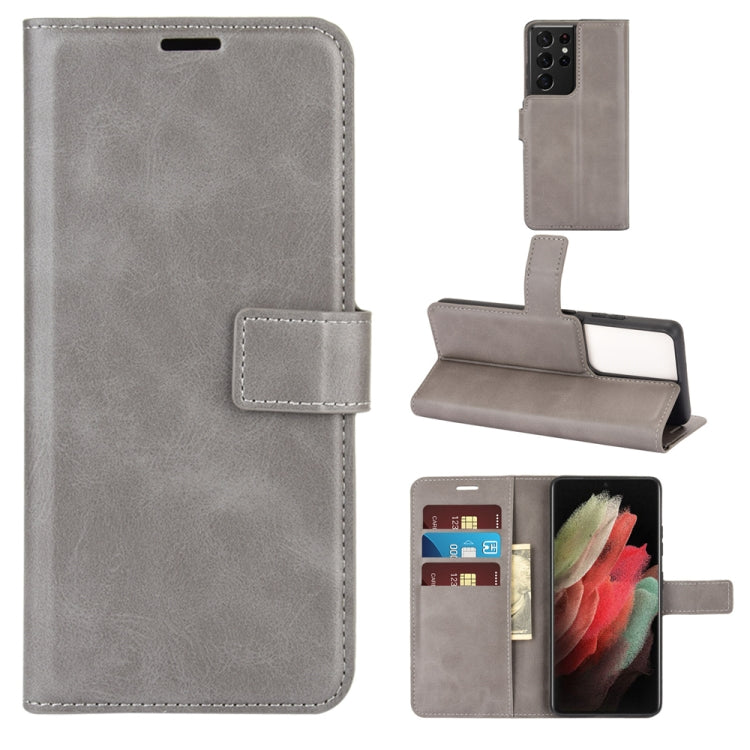 Retro Calf Pattern Buckle Card Wallet Left and Right Flip Phone Holster with Bracket Function For Galaxy S21 Ultra