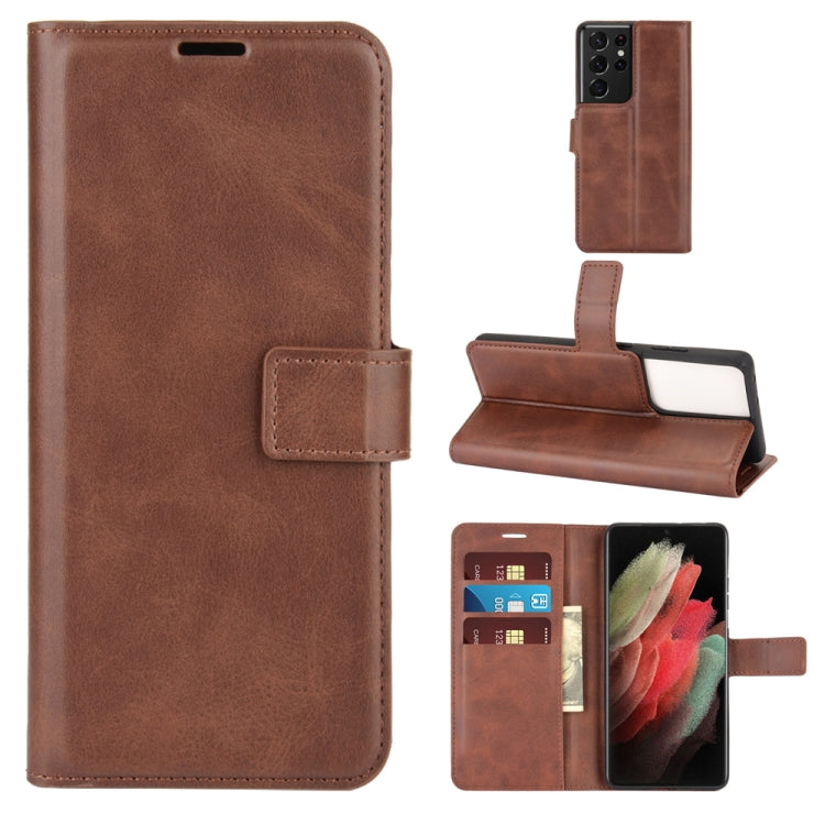 Retro Calf Pattern Buckle Card Wallet Left and Right Flip Phone Holster with Bracket Function For Galaxy S21 Ultra