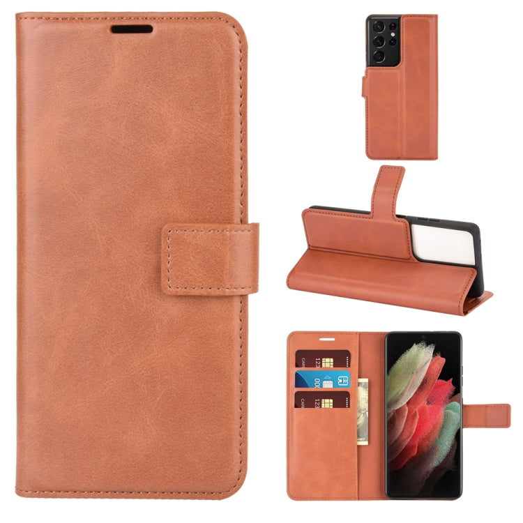 Retro Calf Pattern Buckle Card Wallet Left and Right Flip Phone Holster with Bracket Function For Galaxy S21 Ultra