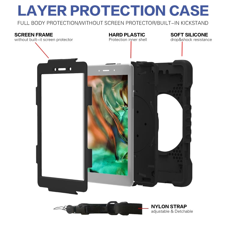 For Samsugn Galaxy Tab A 8.0 (2019) T290/T295 PC + Silicone Shockproof Combination Case with 360 Degree Rotating Holder & Handle & Shoulder Strap