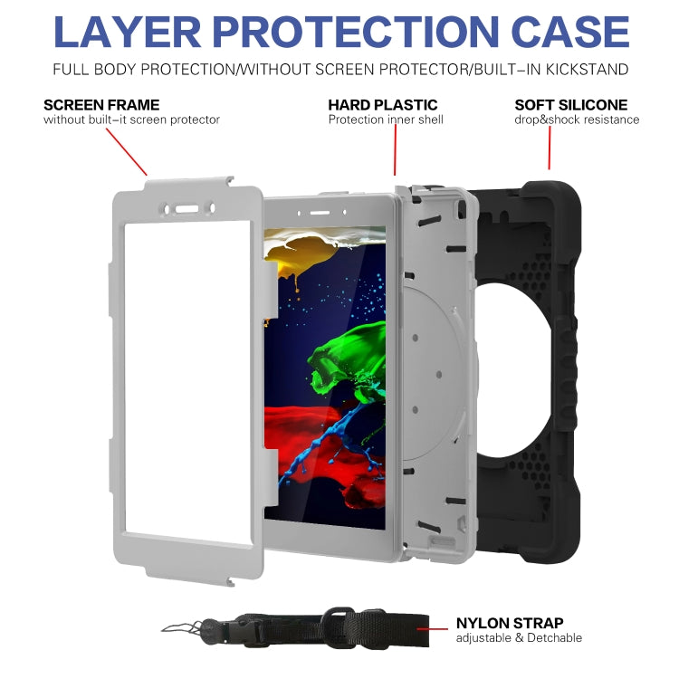 For Samsugn Galaxy Tab A 8.0 (2019) T290/T295 PC + Silicone Shockproof Combination Case with 360 Degree Rotating Holder & Handle & Shoulder Strap