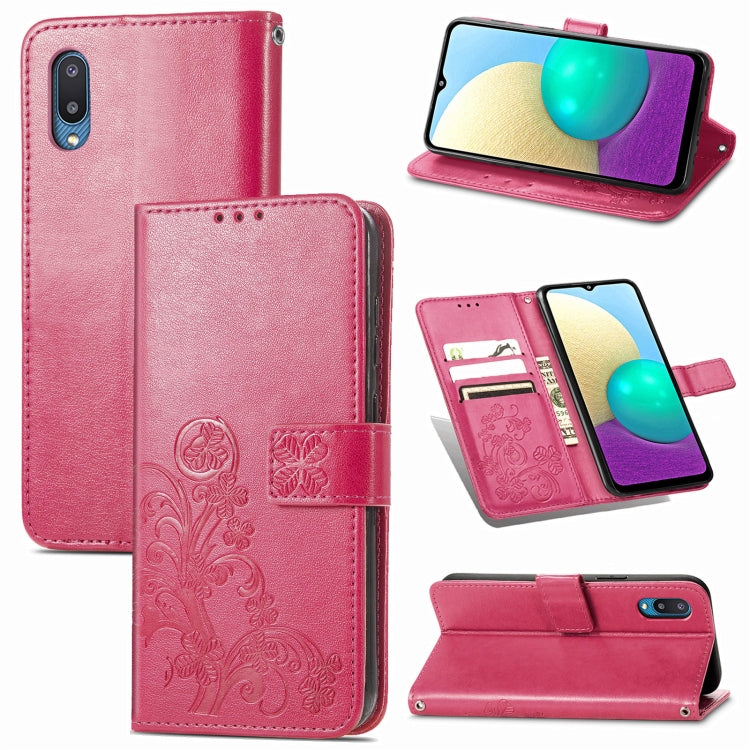 For Samsung Galaxy A02 Four-leaf Clasp Embossed Buckle Mobile Phone Protection Leather Case with Lanyard & Card Slot & Wallet & Bracket Function