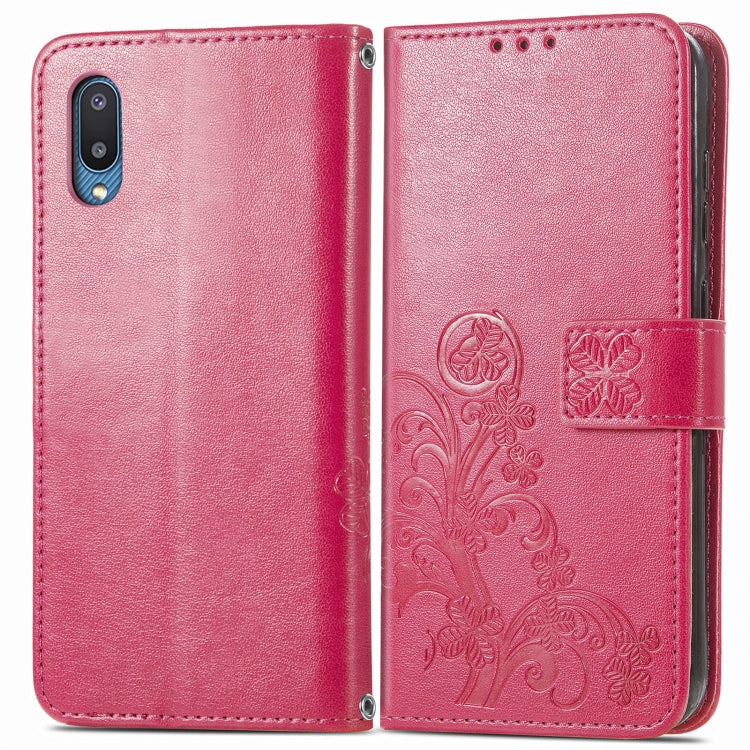 For Samsung Galaxy A02 Four-leaf Clasp Embossed Buckle Mobile Phone Protection Leather Case with Lanyard & Card Slot & Wallet & Bracket Function