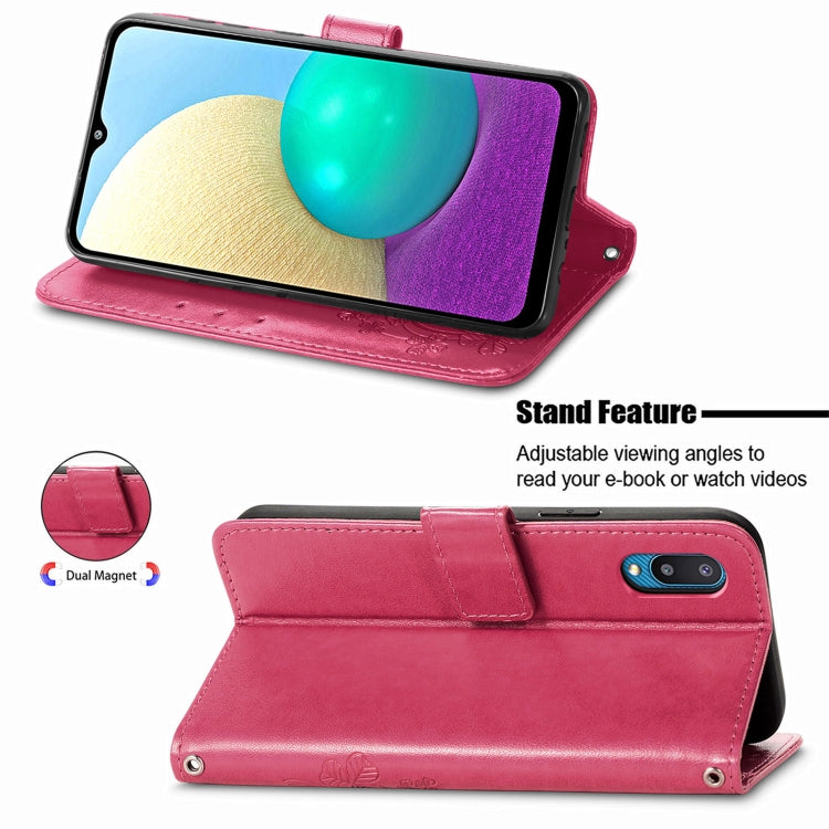 For Samsung Galaxy A02 Four-leaf Clasp Embossed Buckle Mobile Phone Protection Leather Case with Lanyard & Card Slot & Wallet & Bracket Function