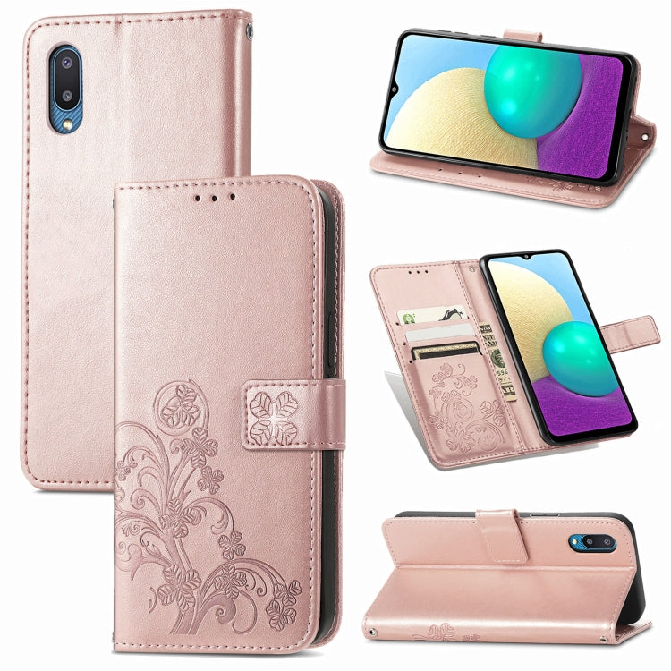 For Samsung Galaxy A02 Four-leaf Clasp Embossed Buckle Mobile Phone Protection Leather Case with Lanyard & Card Slot & Wallet & Bracket Function