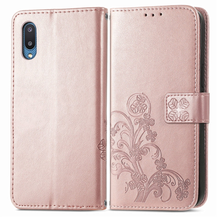 For Samsung Galaxy A02 Four-leaf Clasp Embossed Buckle Mobile Phone Protection Leather Case with Lanyard & Card Slot & Wallet & Bracket Function