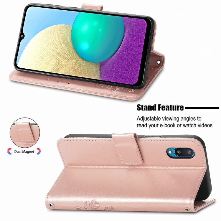 For Samsung Galaxy A02 Four-leaf Clasp Embossed Buckle Mobile Phone Protection Leather Case with Lanyard & Card Slot & Wallet & Bracket Function