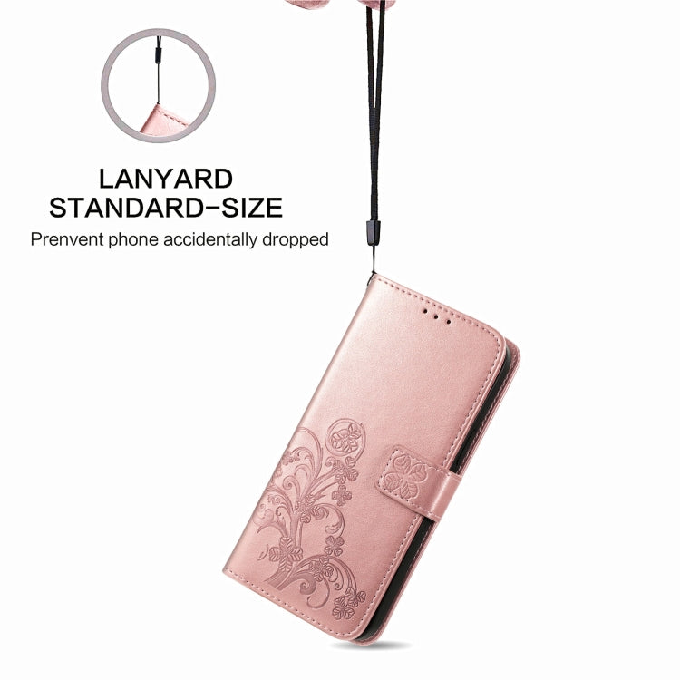 For Samsung Galaxy A02 Four-leaf Clasp Embossed Buckle Mobile Phone Protection Leather Case with Lanyard & Card Slot & Wallet & Bracket Function
