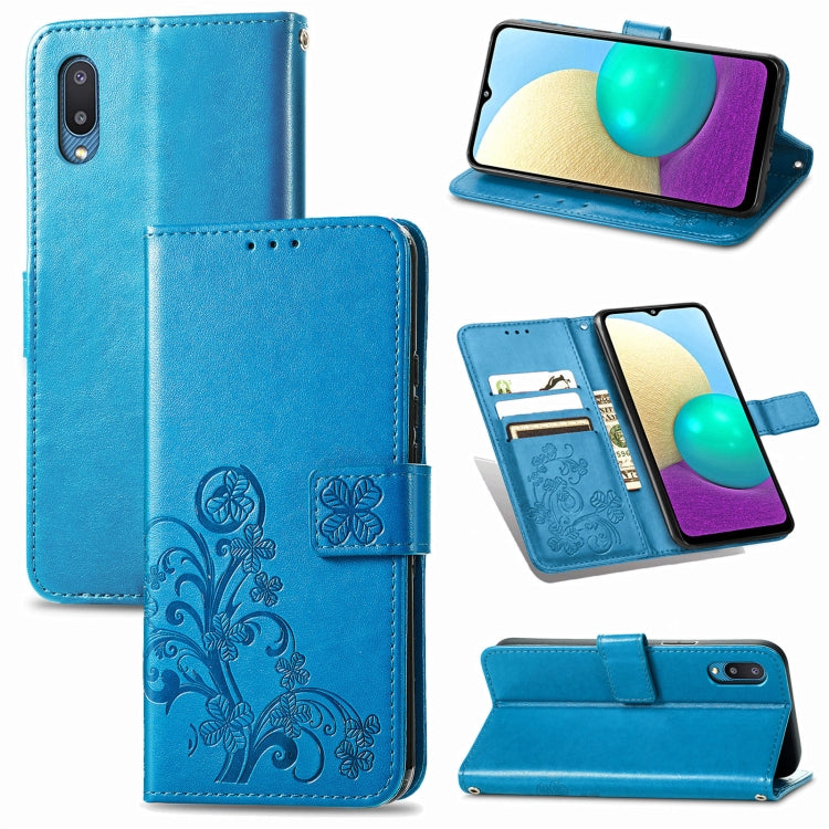 For Samsung Galaxy A02 Four-leaf Clasp Embossed Buckle Mobile Phone Protection Leather Case with Lanyard & Card Slot & Wallet & Bracket Function