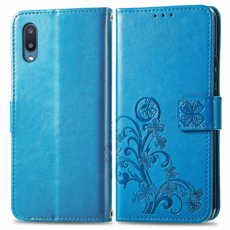 For Samsung Galaxy A02 Four-leaf Clasp Embossed Buckle Mobile Phone Protection Leather Case with Lanyard & Card Slot & Wallet & Bracket Function
