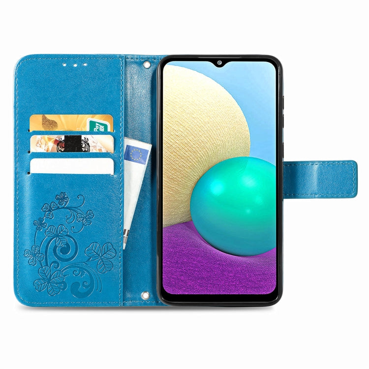 For Samsung Galaxy A02 Four-leaf Clasp Embossed Buckle Mobile Phone Protection Leather Case with Lanyard & Card Slot & Wallet & Bracket Function