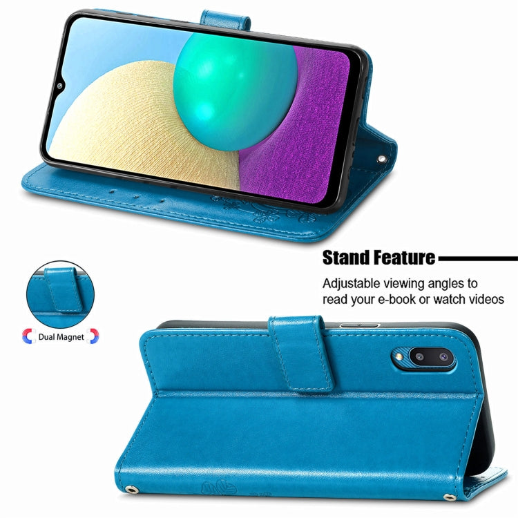 For Samsung Galaxy A02 Four-leaf Clasp Embossed Buckle Mobile Phone Protection Leather Case with Lanyard & Card Slot & Wallet & Bracket Function