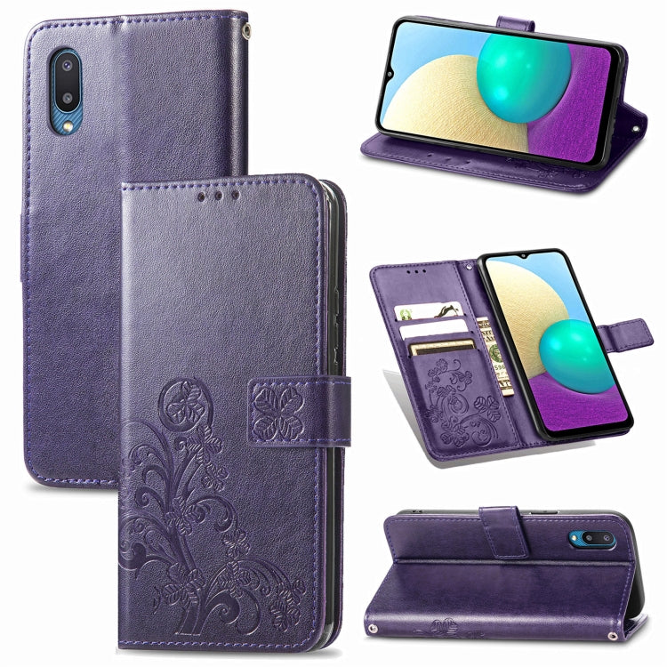 For Samsung Galaxy A02 Four-leaf Clasp Embossed Buckle Mobile Phone Protection Leather Case with Lanyard & Card Slot & Wallet & Bracket Function