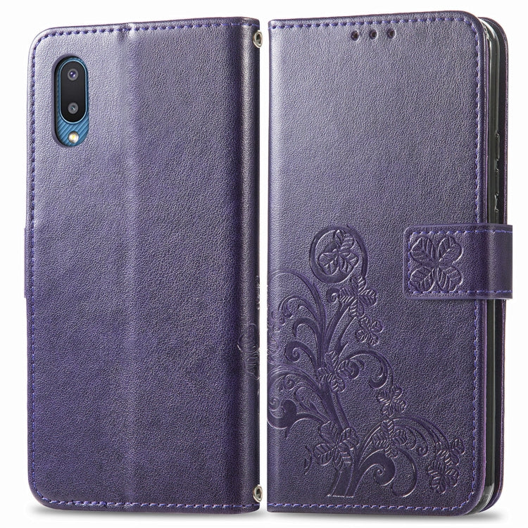 For Samsung Galaxy A02 Four-leaf Clasp Embossed Buckle Mobile Phone Protection Leather Case with Lanyard & Card Slot & Wallet & Bracket Function