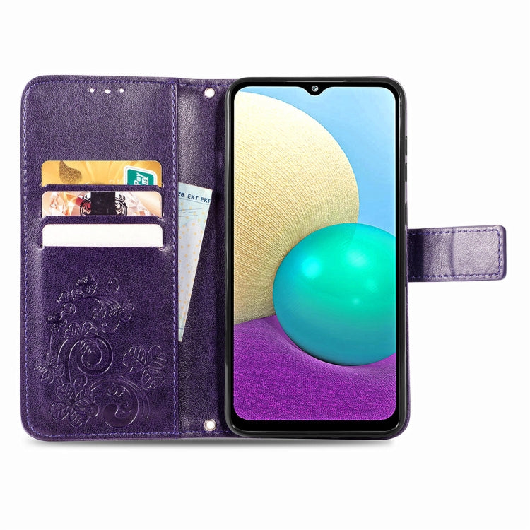 For Samsung Galaxy A02 Four-leaf Clasp Embossed Buckle Mobile Phone Protection Leather Case with Lanyard & Card Slot & Wallet & Bracket Function