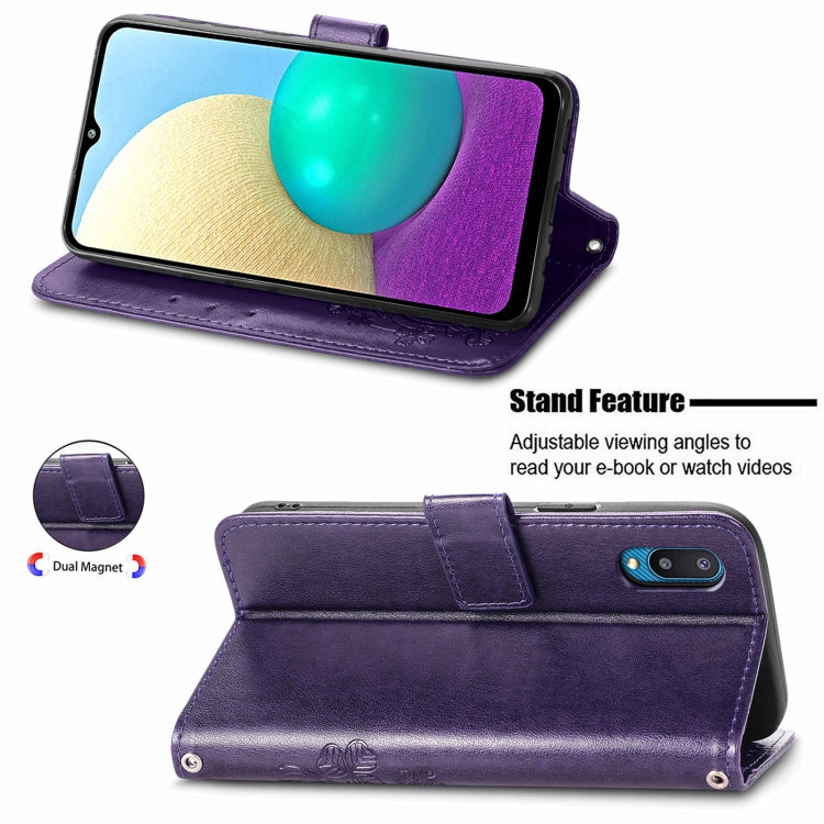 For Samsung Galaxy A02 Four-leaf Clasp Embossed Buckle Mobile Phone Protection Leather Case with Lanyard & Card Slot & Wallet & Bracket Function