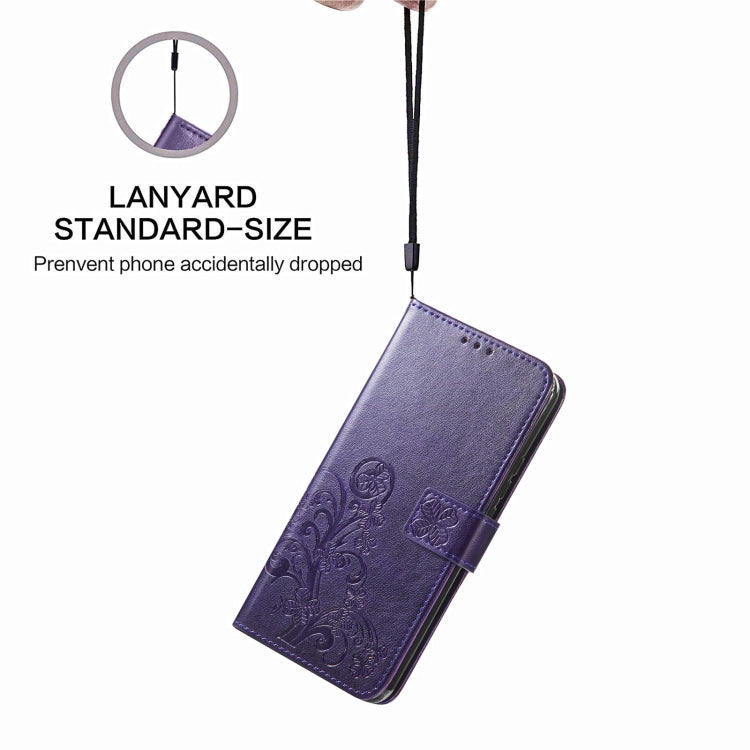 For Samsung Galaxy A02 Four-leaf Clasp Embossed Buckle Mobile Phone Protection Leather Case with Lanyard & Card Slot & Wallet & Bracket Function
