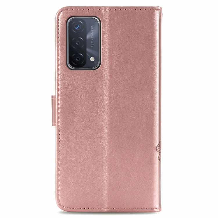 For OPPO A93 5G Four-leaf Clasp Embossed Buckle Mobile Phone Protection Leather Case with Lanyard & Card Slot & Wallet & Bracket Function