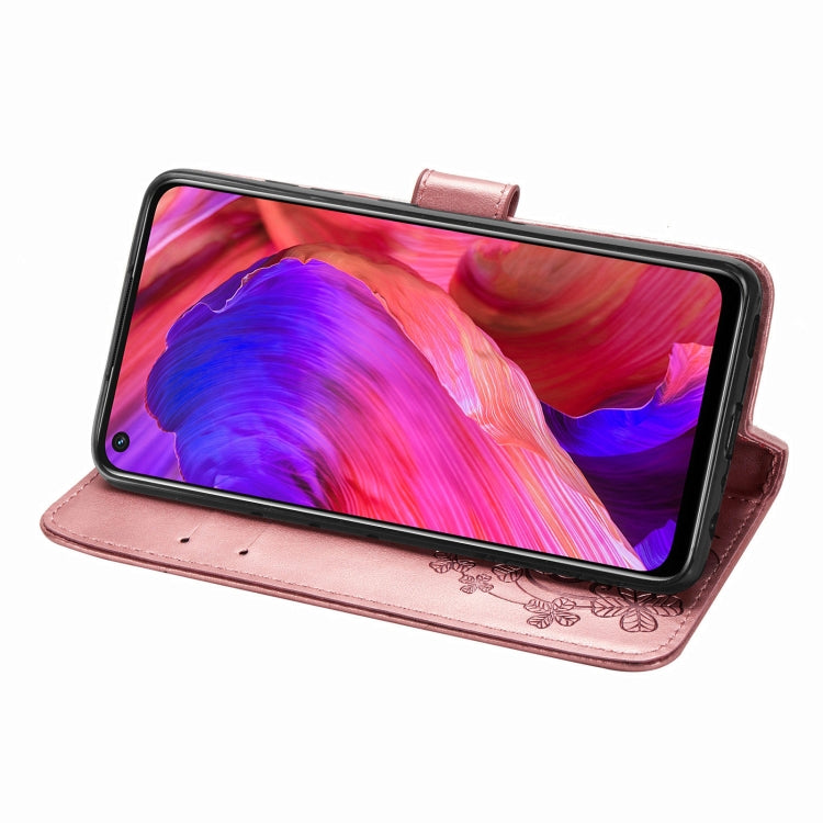 For OPPO A93 5G Four-leaf Clasp Embossed Buckle Mobile Phone Protection Leather Case with Lanyard & Card Slot & Wallet & Bracket Function